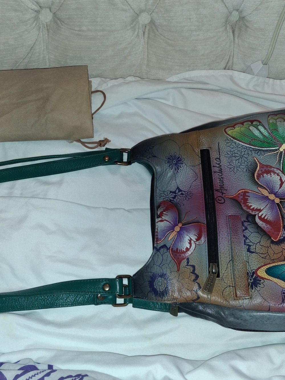 Anuschka Multicolor Butterfly-Print Leather Shoulder Bag with Teal NWOT Straps